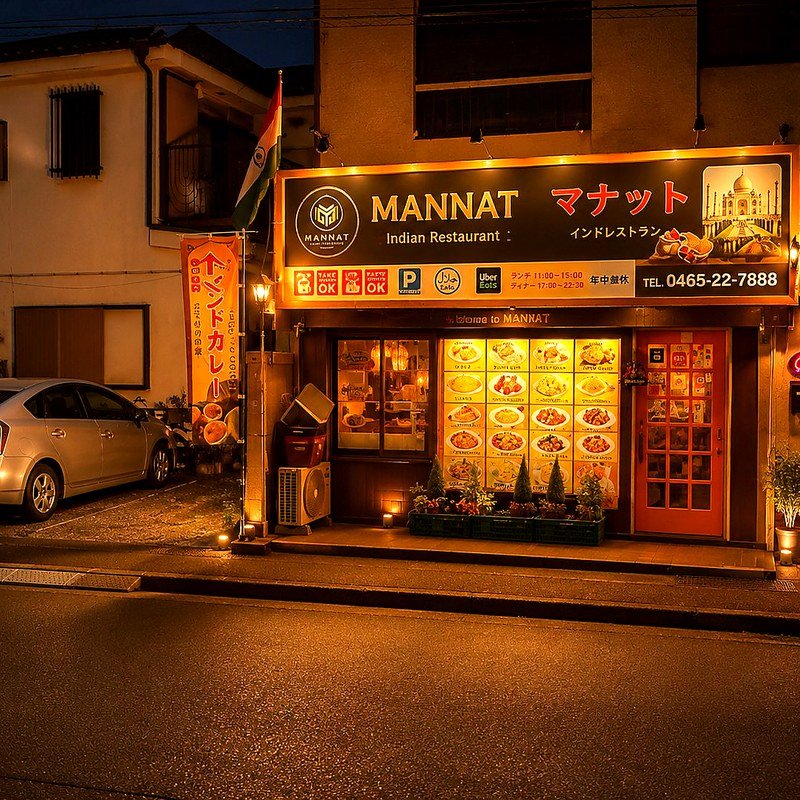 Mannat Indian Restaurant wide street view at dusk
